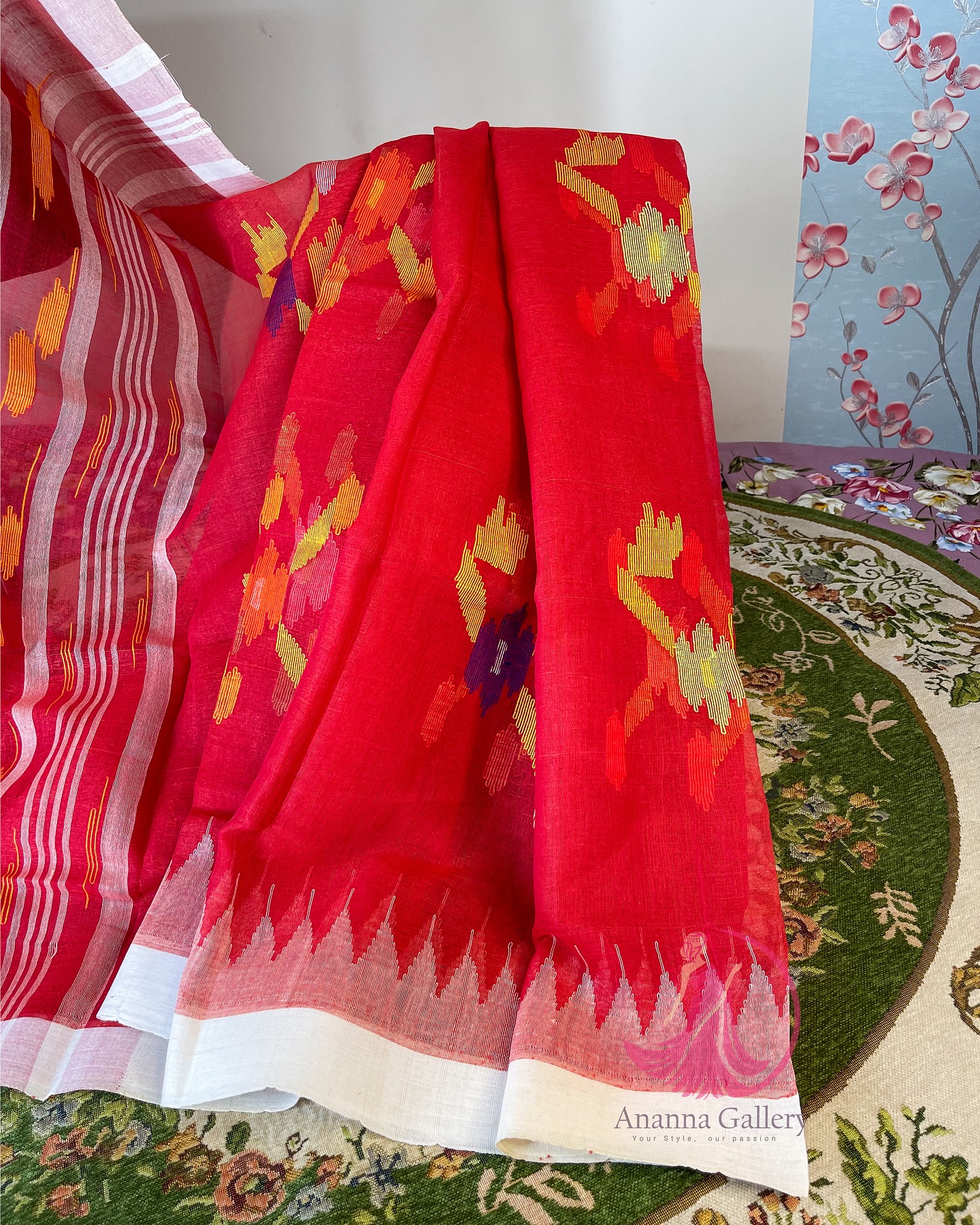 Red Floral Monipuri Saree - Image 1